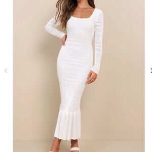 Lulus Sunset Moments White Crochet Long Sleeve Trumpet Midi Dress - Size M